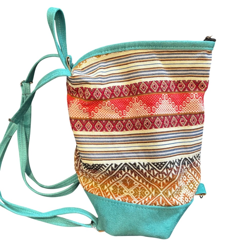 Handcrafted Mini Backpack Women Small Teal Woven Geometric Boho Tapestry Bag NEW